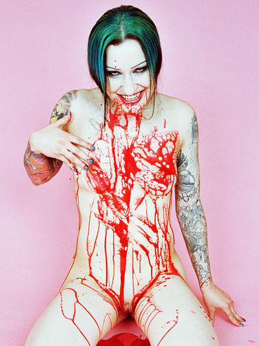 Naked Blood Covered Tattooed Alt Model Jen Vixen Demonstrates Her Naughty Bits