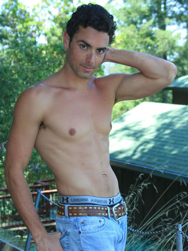 Topless Guy Jeremy Bilding In Light Blue Jeans Poses In The Garden Making His Eyes On You