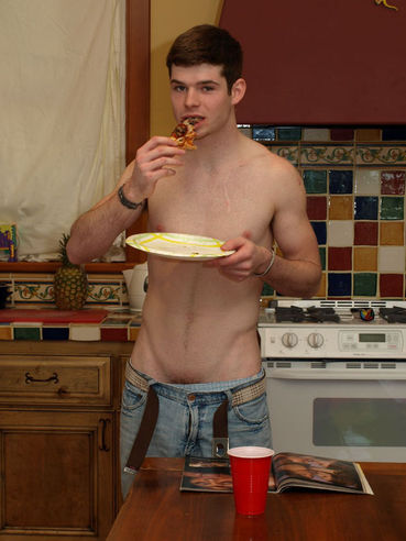 Topless Guy Brett Fyre In Low Jeans Is About To Flash His Dick In The Kitchen